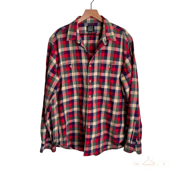 J. Crew Men's Flannel Button Down Shirt Size Large Red Yellow Blue Green Plaid - Picture 1 of 5